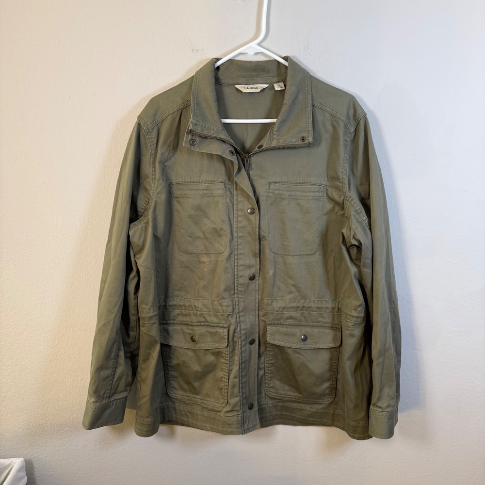 LL Bean Womens Olive Green Utility Field Jacket XL Reg 502103 Cotton Stretch